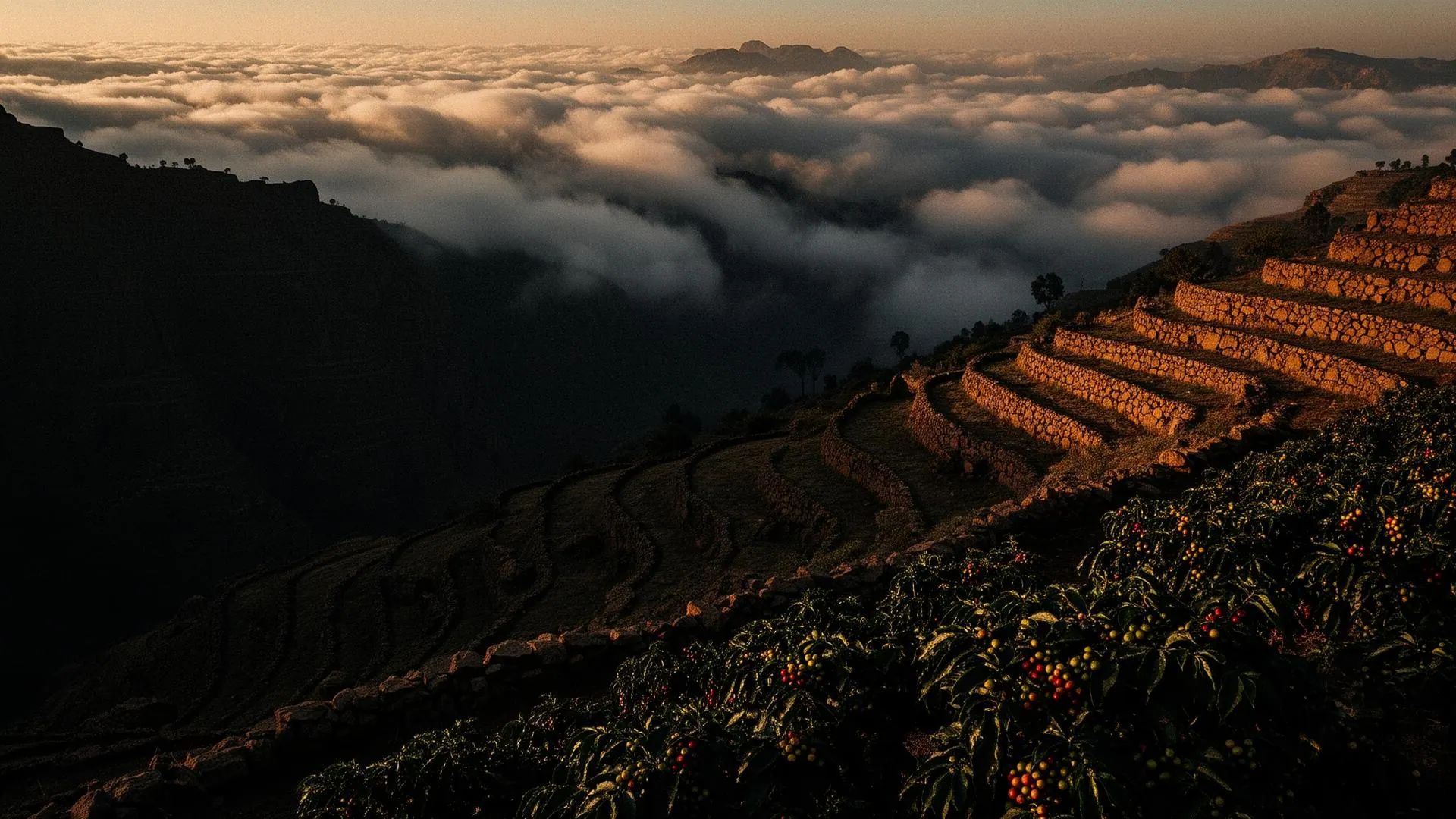 Yemeni coffee terraces above the clouds in Haraz